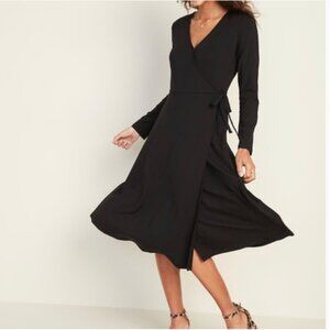 OLD Navy Midi Dress XXL Black Crossover Tie Stretch Rayon Knit Long Sleeve NWT